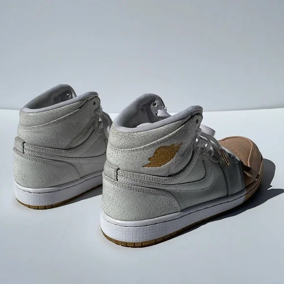 Dipped Retro Air Jordan 1 high top lustre white leather with tan toe & gold logo - Picture 8 of 10